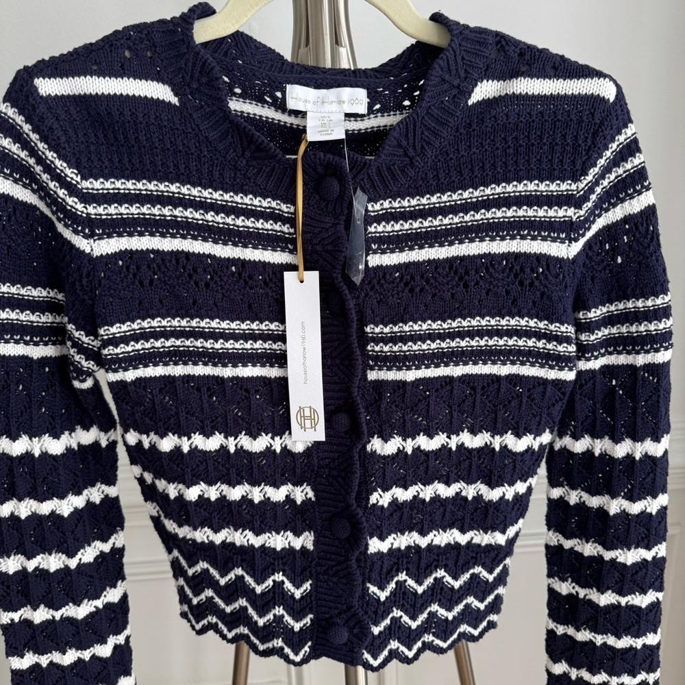 NWT House of Harlow 1960 Navy and White Striped Women's Crochet Sweater Size S - Picture 2 of 6